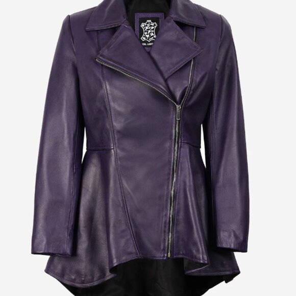 Women's Purple Asymmetrical Leather Peplum Jacket NWOT Sz M - Picture 3 of 12